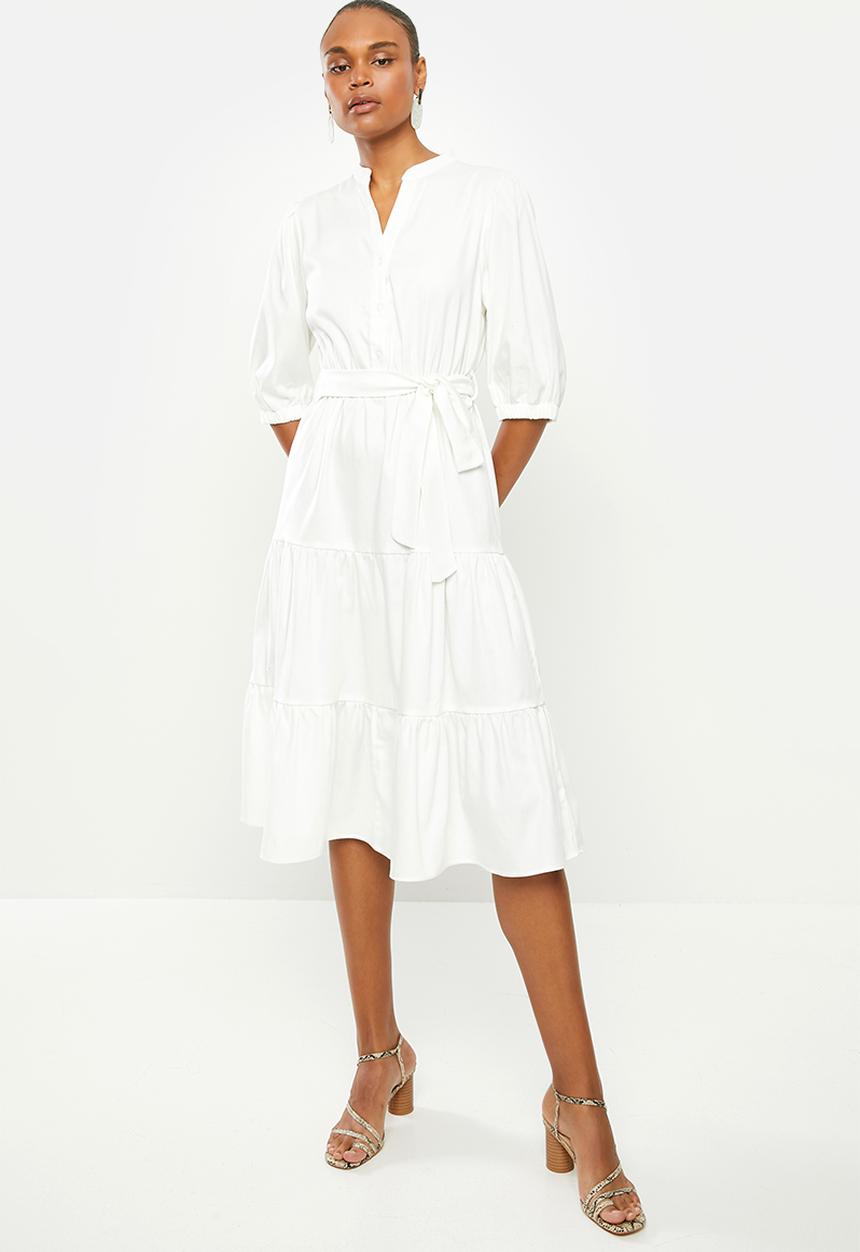edit - Cotton tiered shirt dress - white 