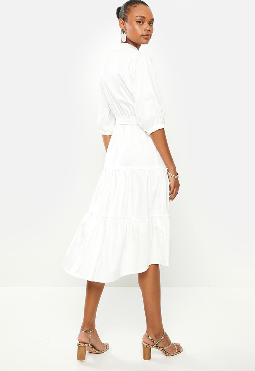 edit - Cotton tiered shirt dress - white 