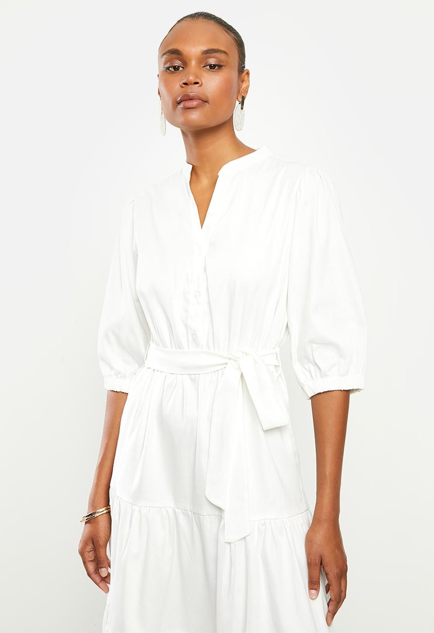 edit - Cotton tiered shirt dress - white 