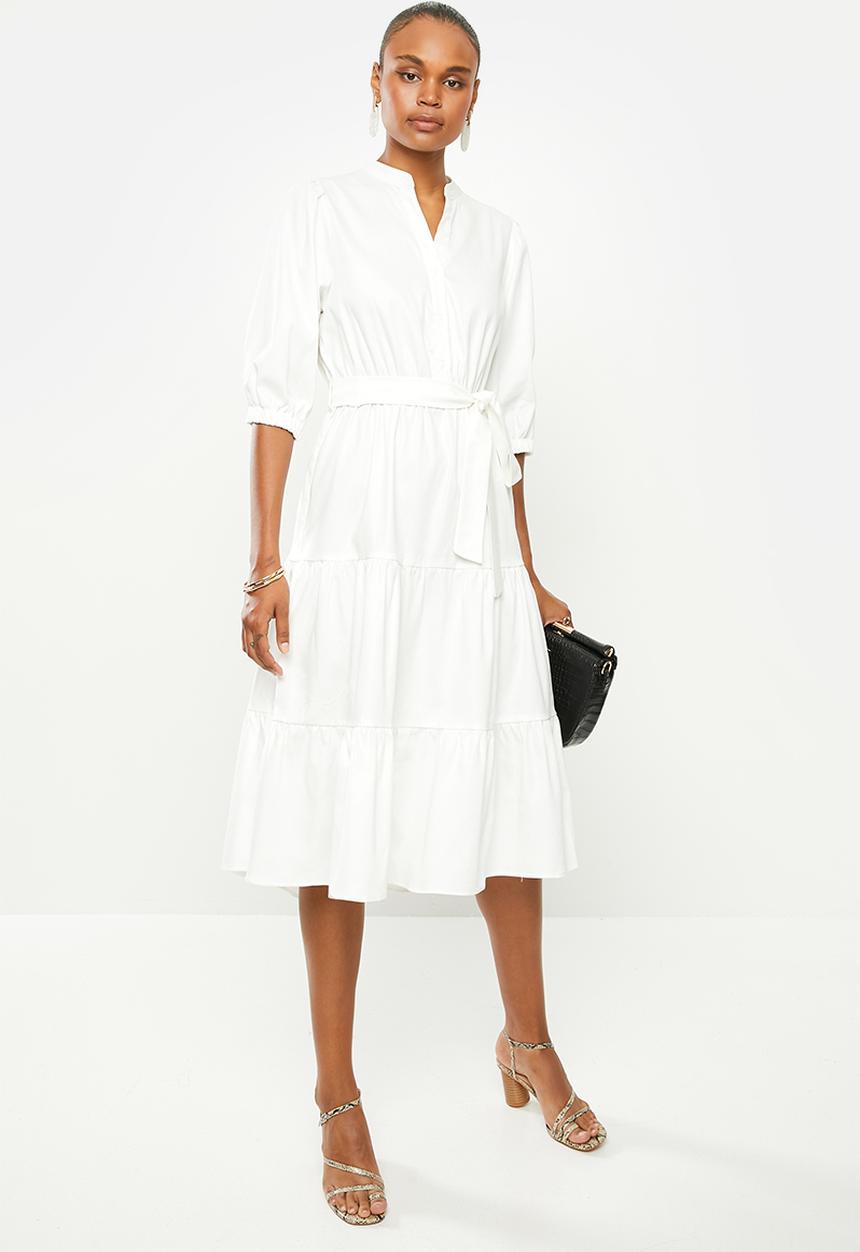 edit - Cotton tiered shirt dress - white 