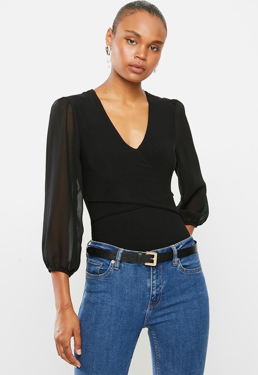 MILLA - Wrap front combo chiffon bodysuit - black