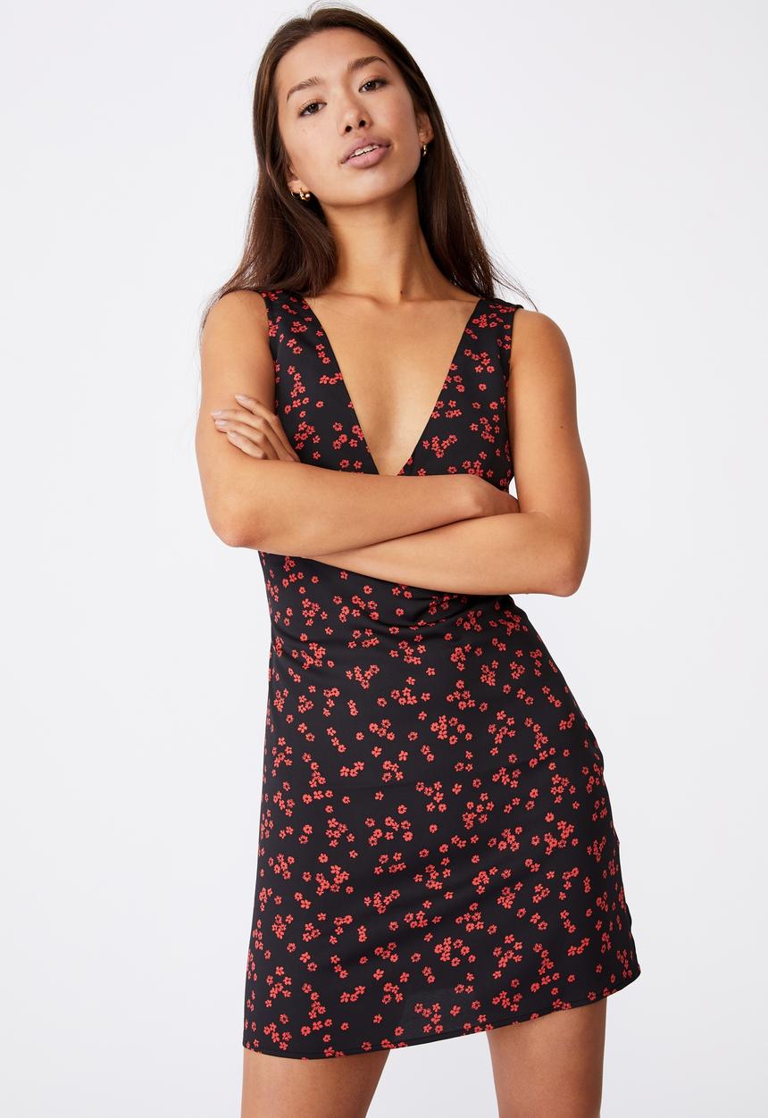 Factorie - Deep v mini dress - black & red 