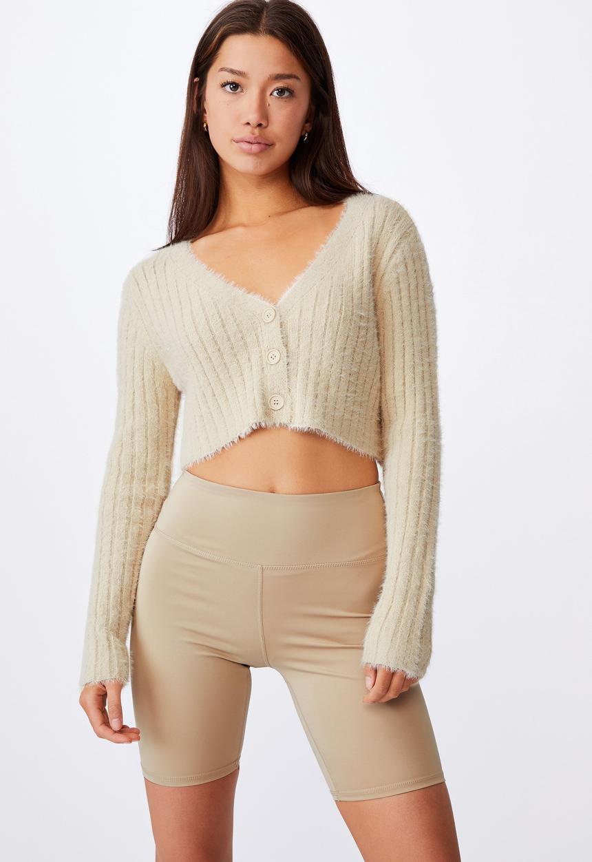 Factorie - Fluffy knit super crop cardi - fog