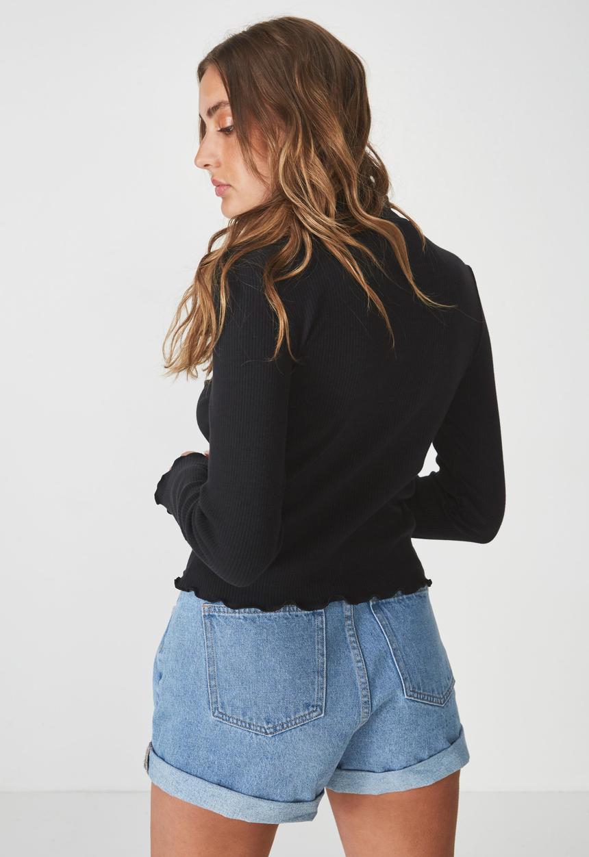 Factorie - Rib lettuce edge long sleeve - black