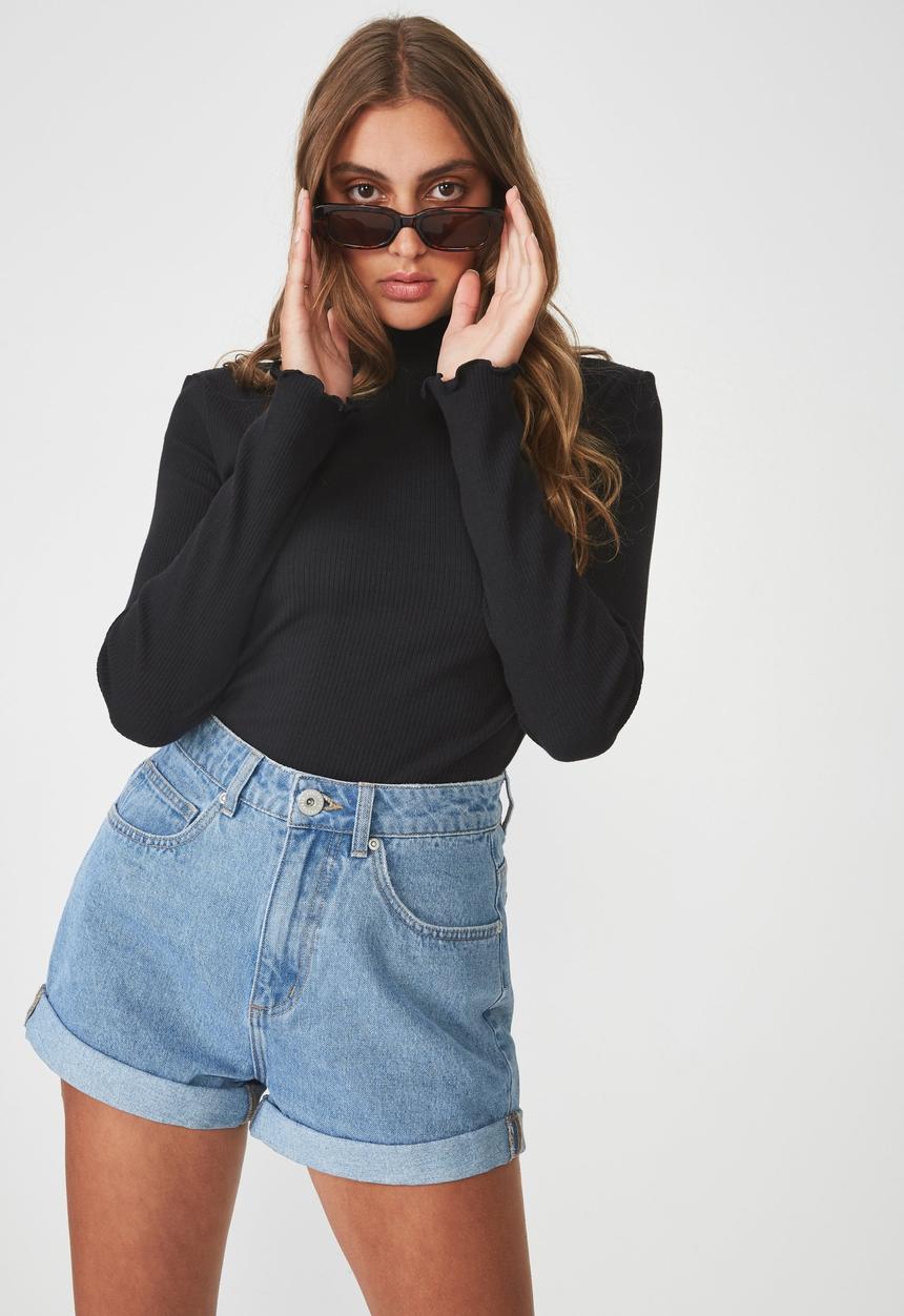 Factorie - Rib lettuce edge long sleeve - black