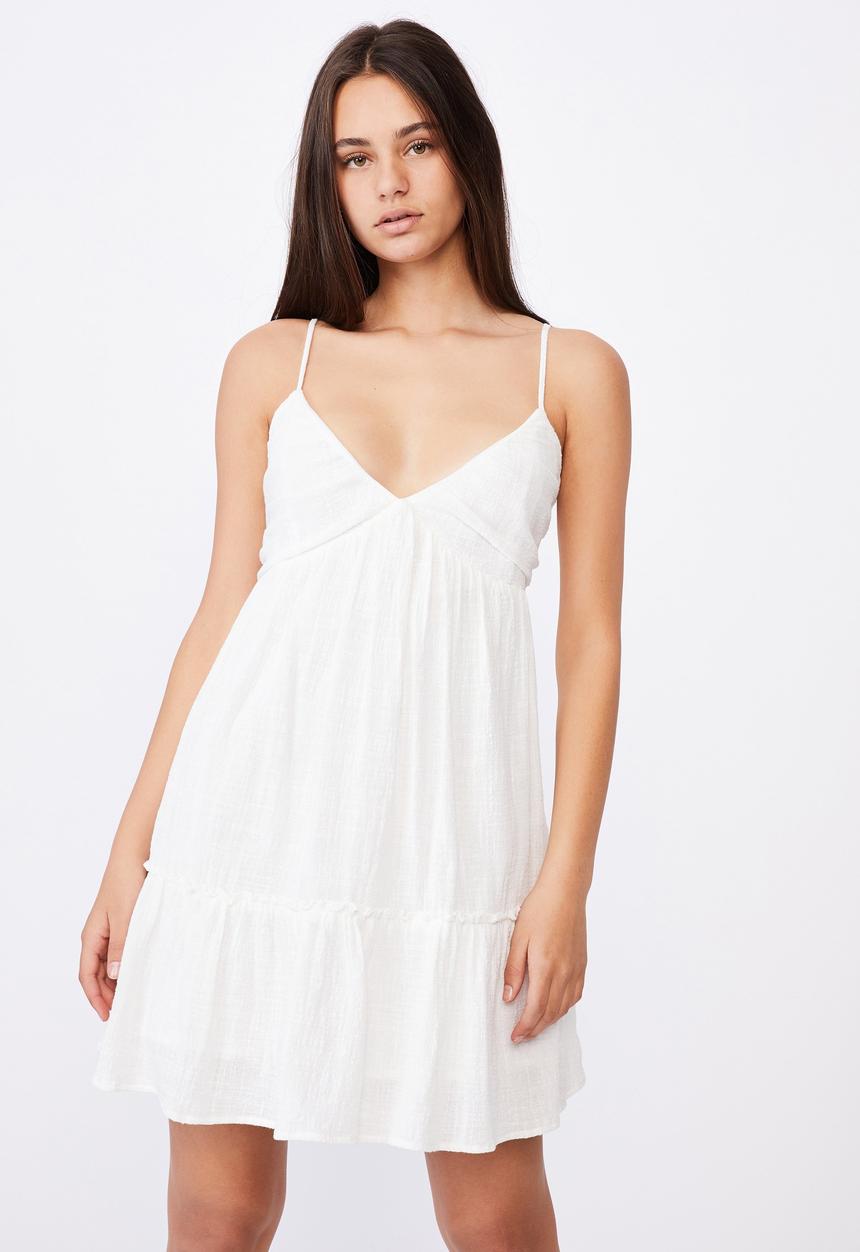 Factorie - Deep v textured tiered dress - white