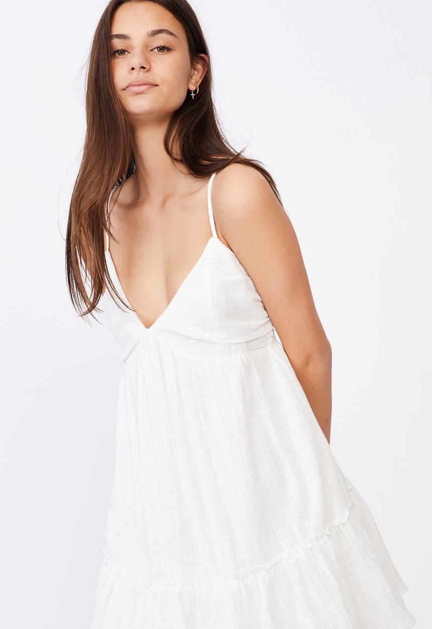 Factorie - Deep v textured tiered dress - white