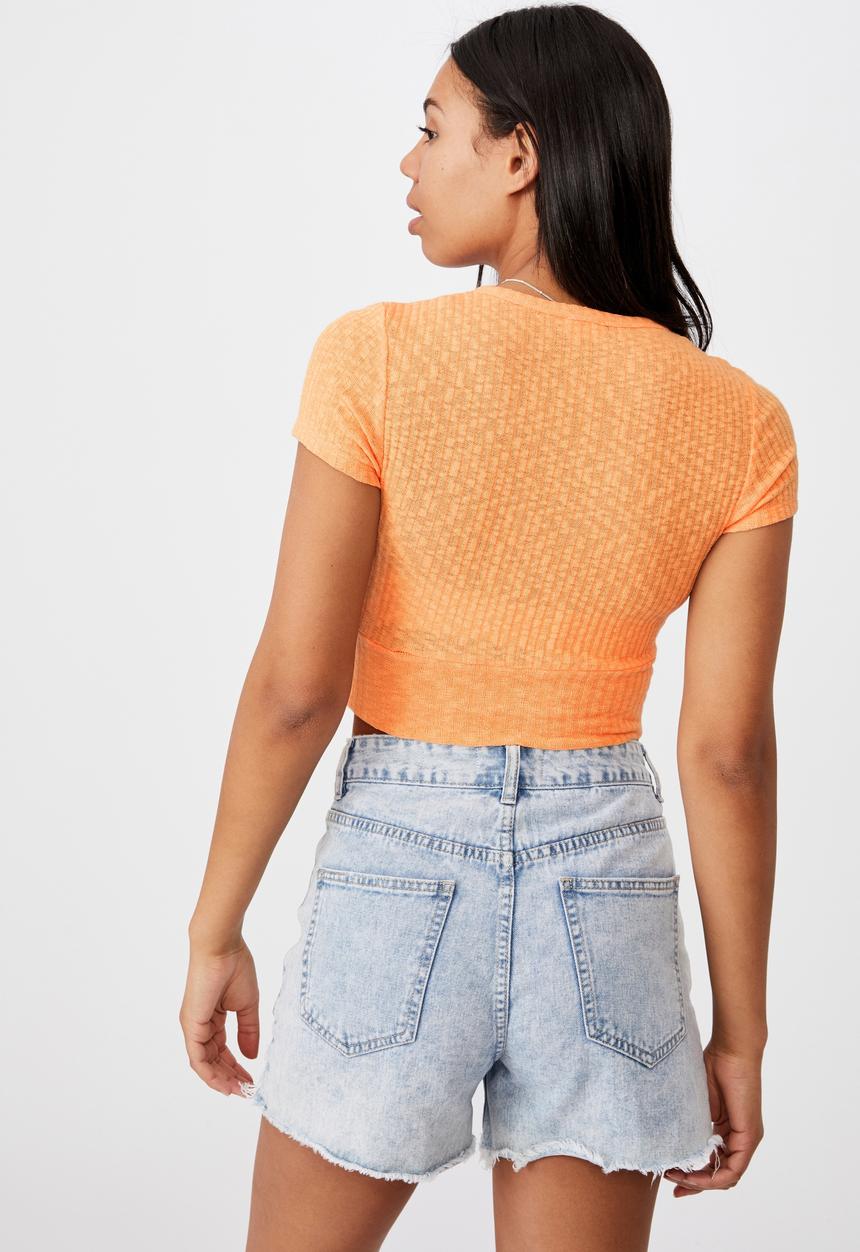 Cotton On - Tonya v cross over short sleeve top - icy apricot