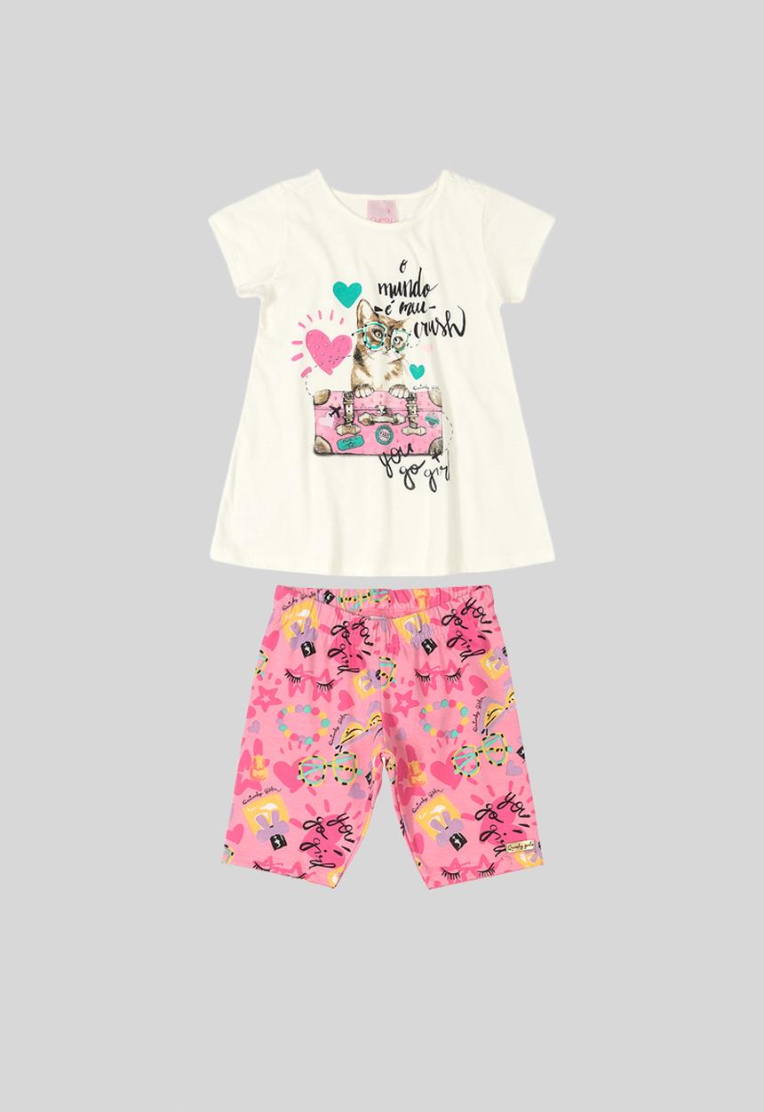 Quimby - Tee & printed shorts set - off white & pink
