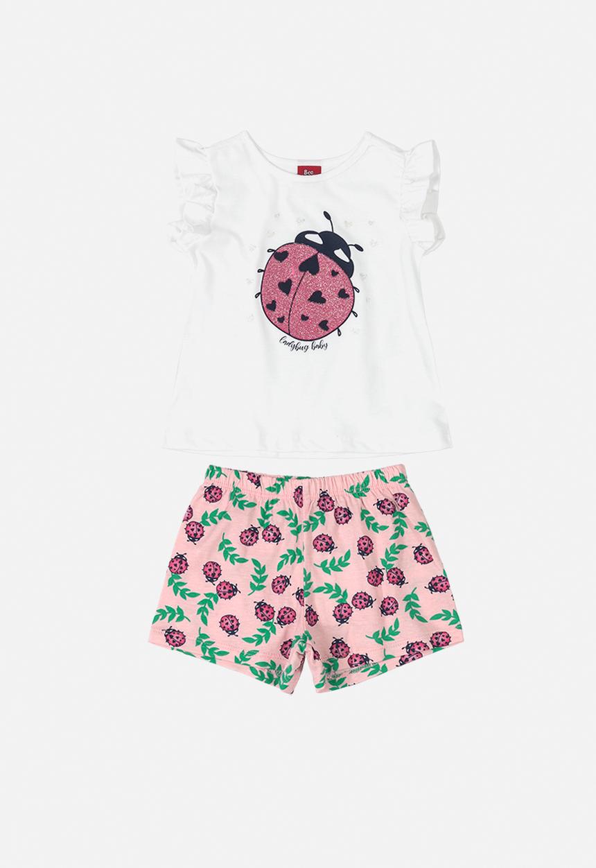 Bee Loop - Ladybug tee & shorts set - white & pink