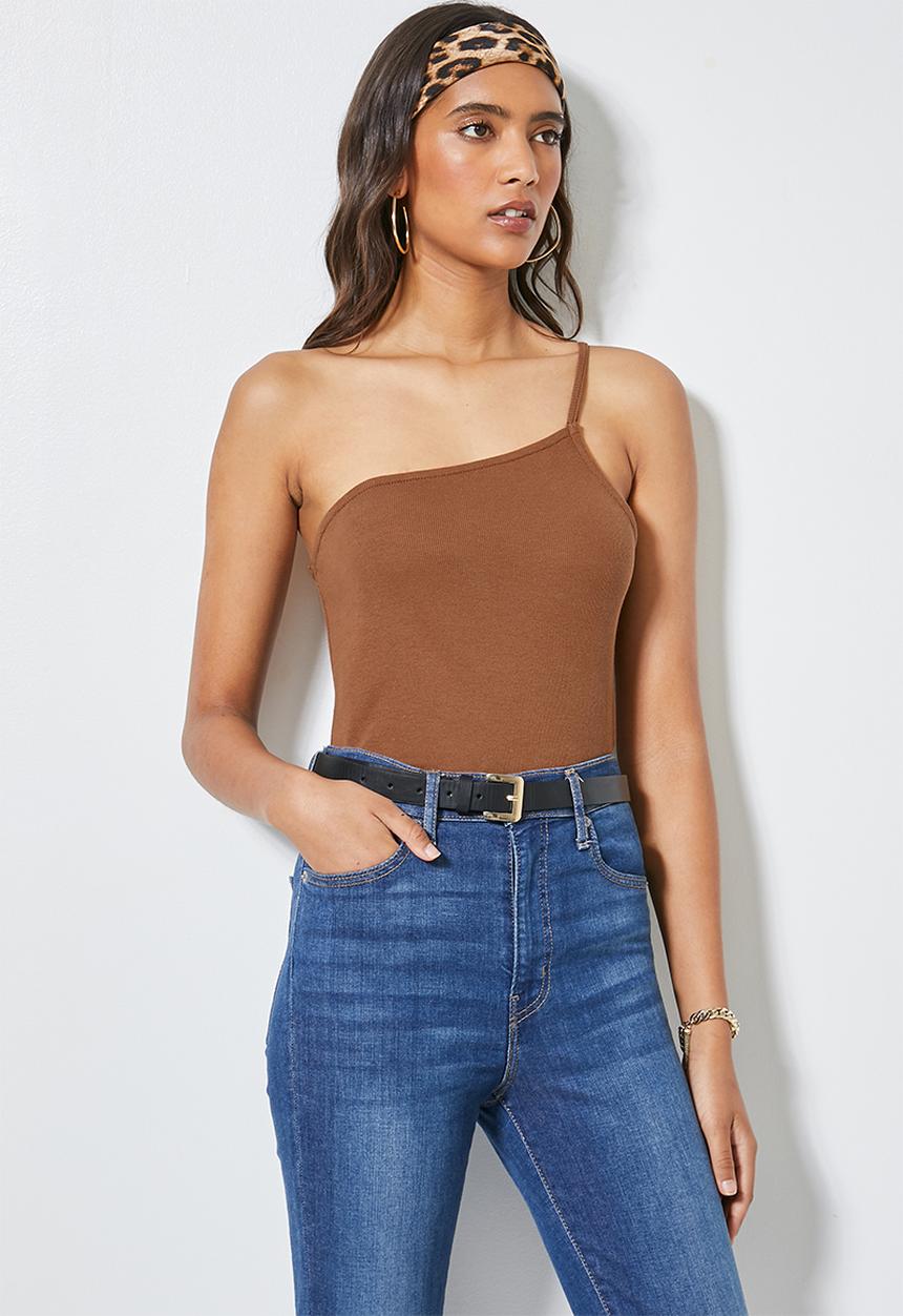 Superbalist - Rib thin strappy one shoulder top - brown