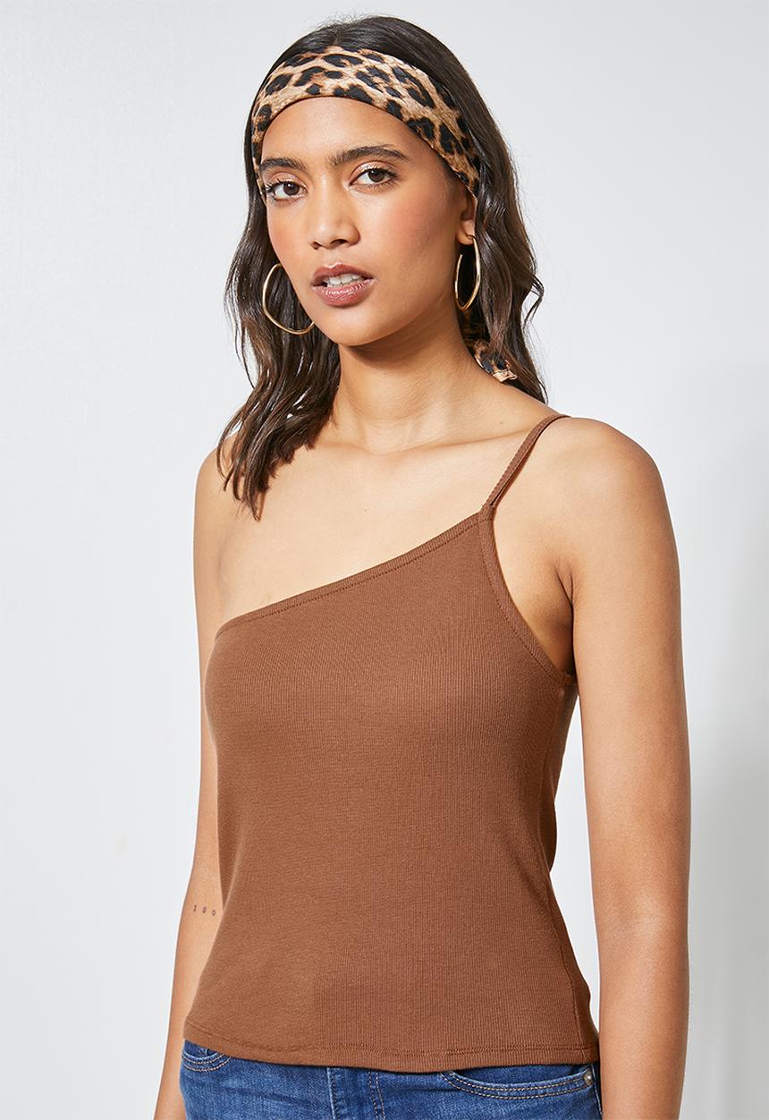 Superbalist - Rib thin strappy one shoulder top - brown