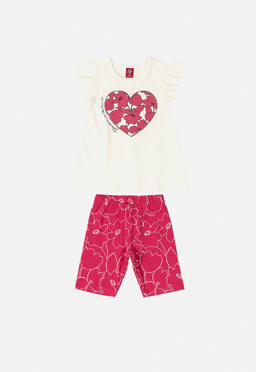 Bee Loop - Girls tee & printed shorts set - off white & pink