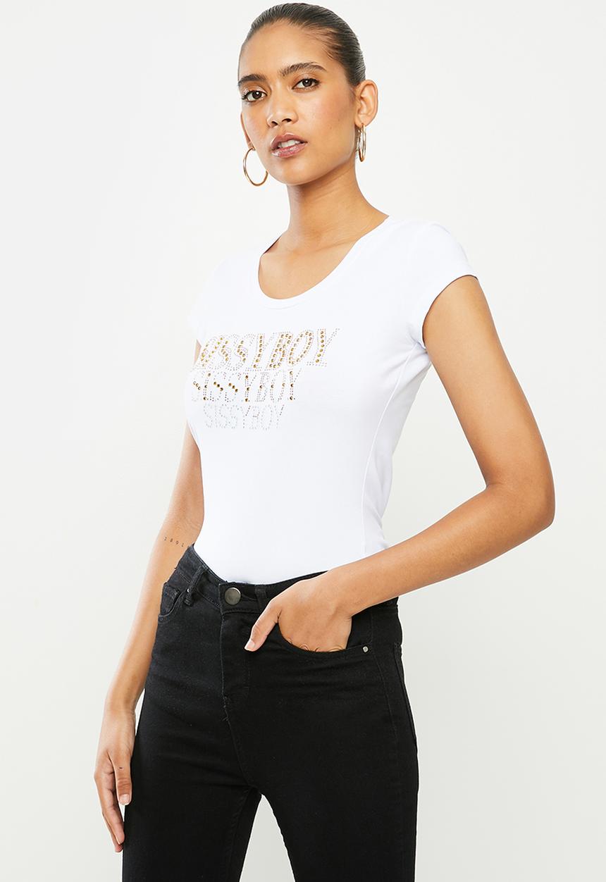 SISSY BOY - Panu: round neck logo with all over bling - white