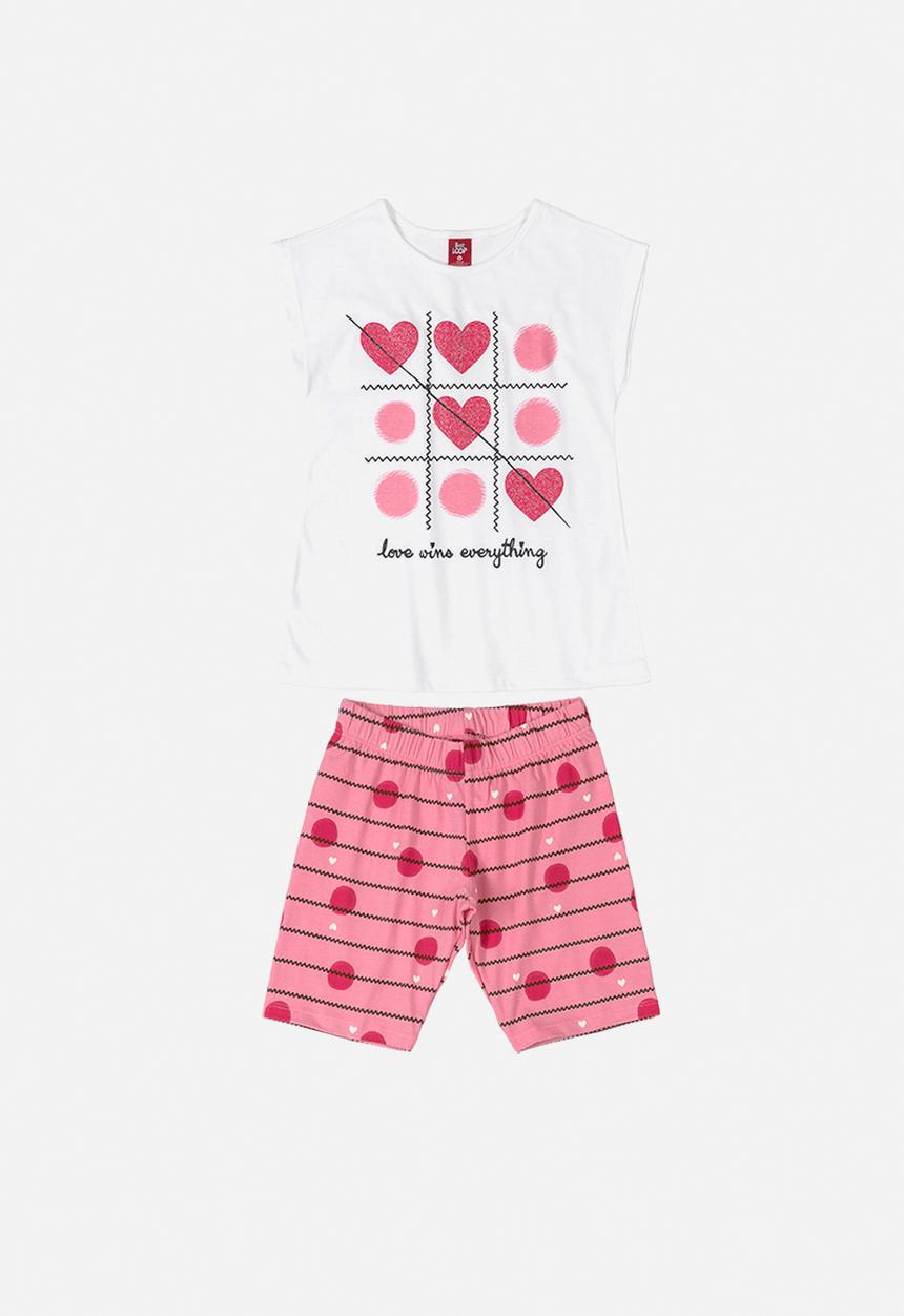 Bee Loop - Girls heart print top & shorts set - white & pink