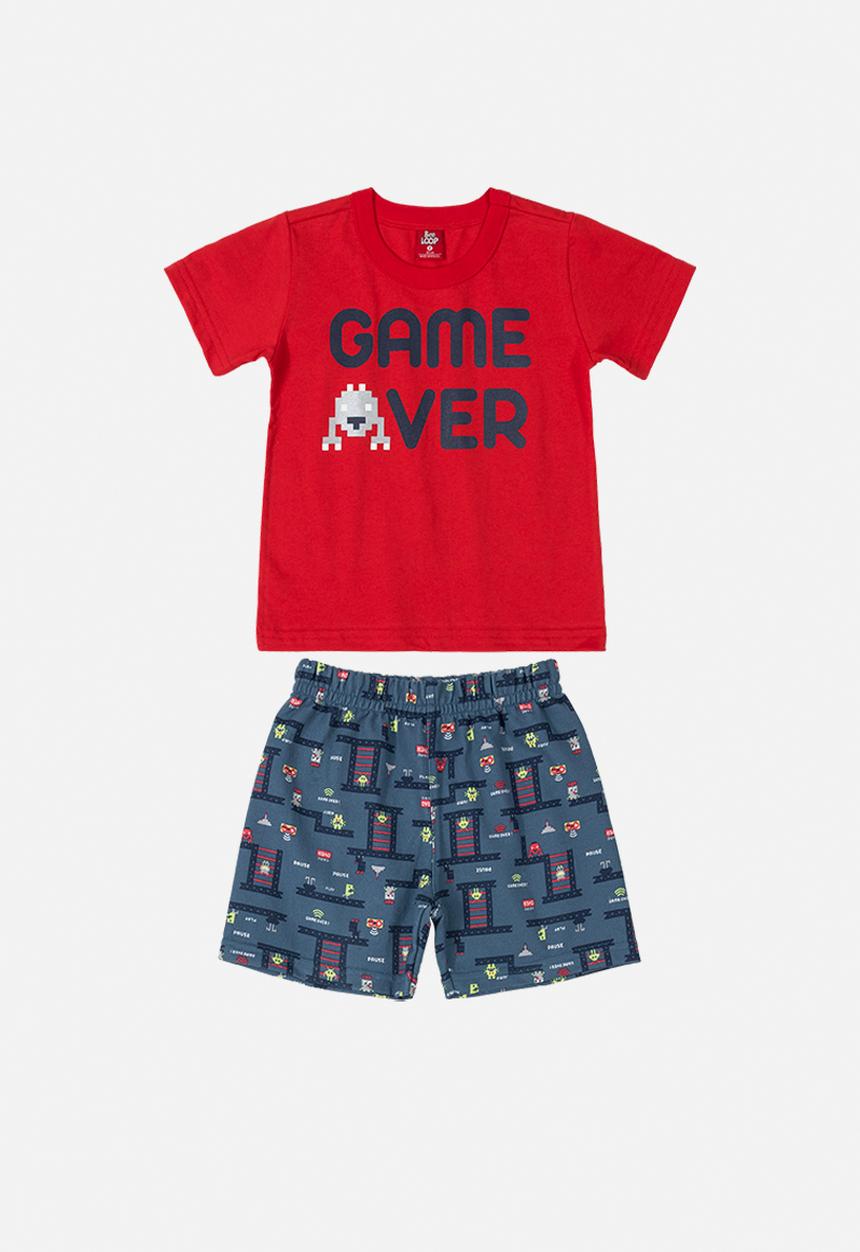 Bee Loop - Boys printed tee & sweat shorts set - red & blue 