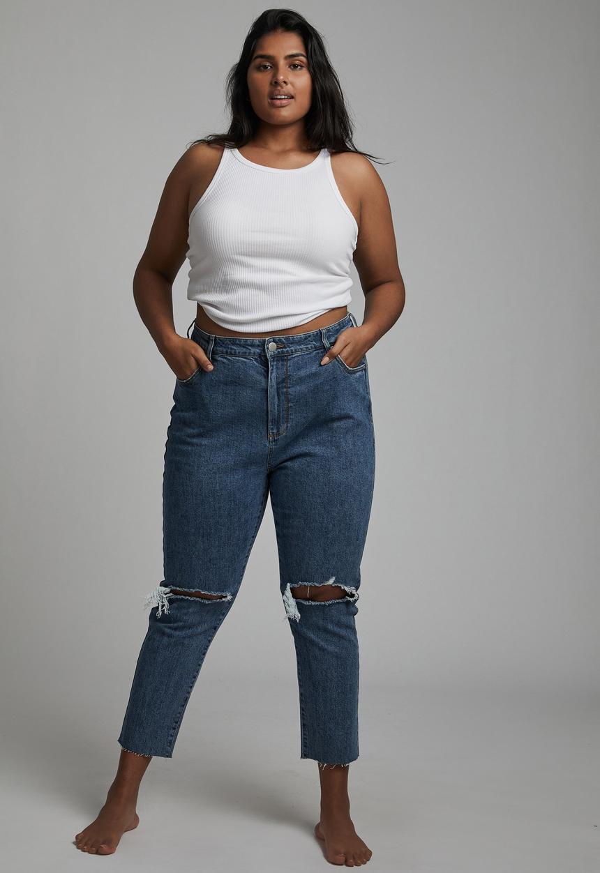 Cotton On - Curve taylor mom jean - mid blue rips