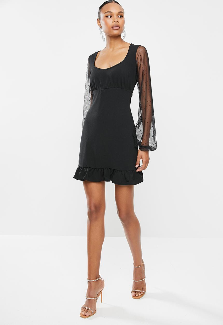 Missguided - Dobby sleeve frill hem skater dress - black