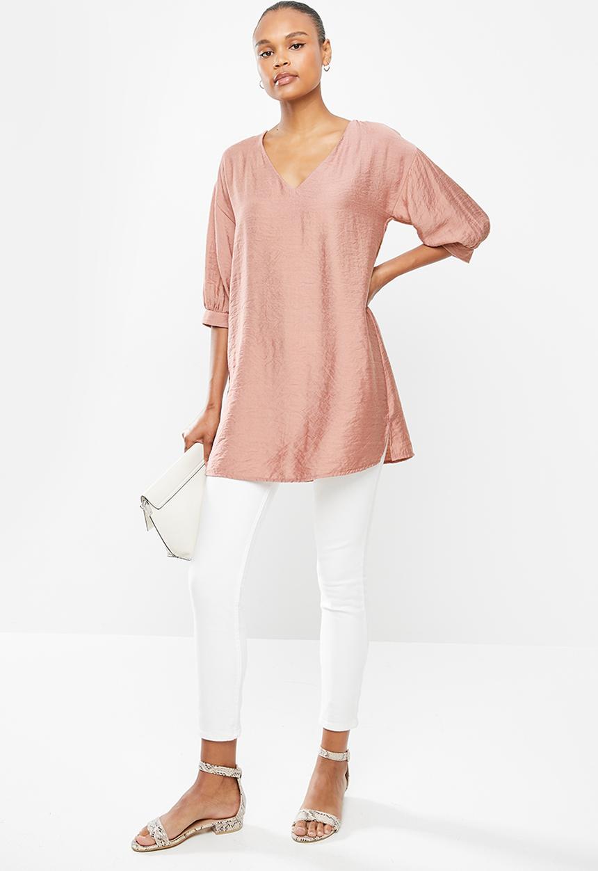edit - Deep v-neck longline tunic blouse - dusty pink