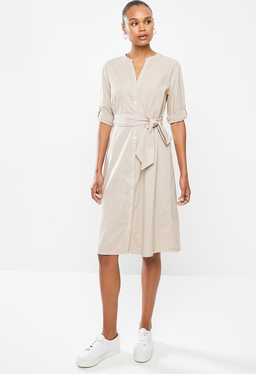 edit - Cotton mandarin collar shirt dress - stone