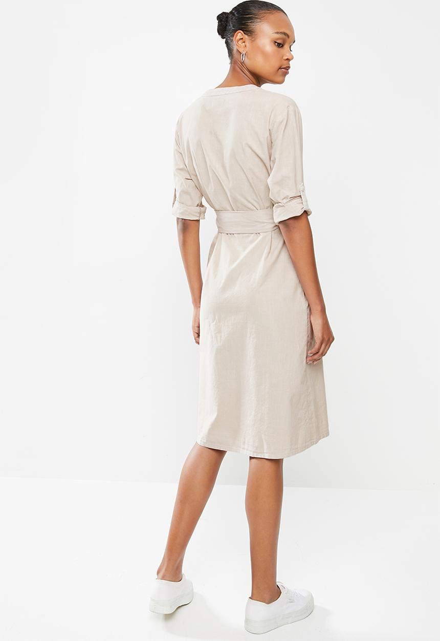 edit - Cotton mandarin collar shirt dress - stone