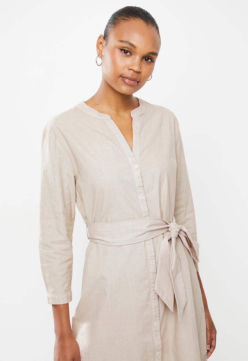 edit - Cotton mandarin collar shirt dress - stone
