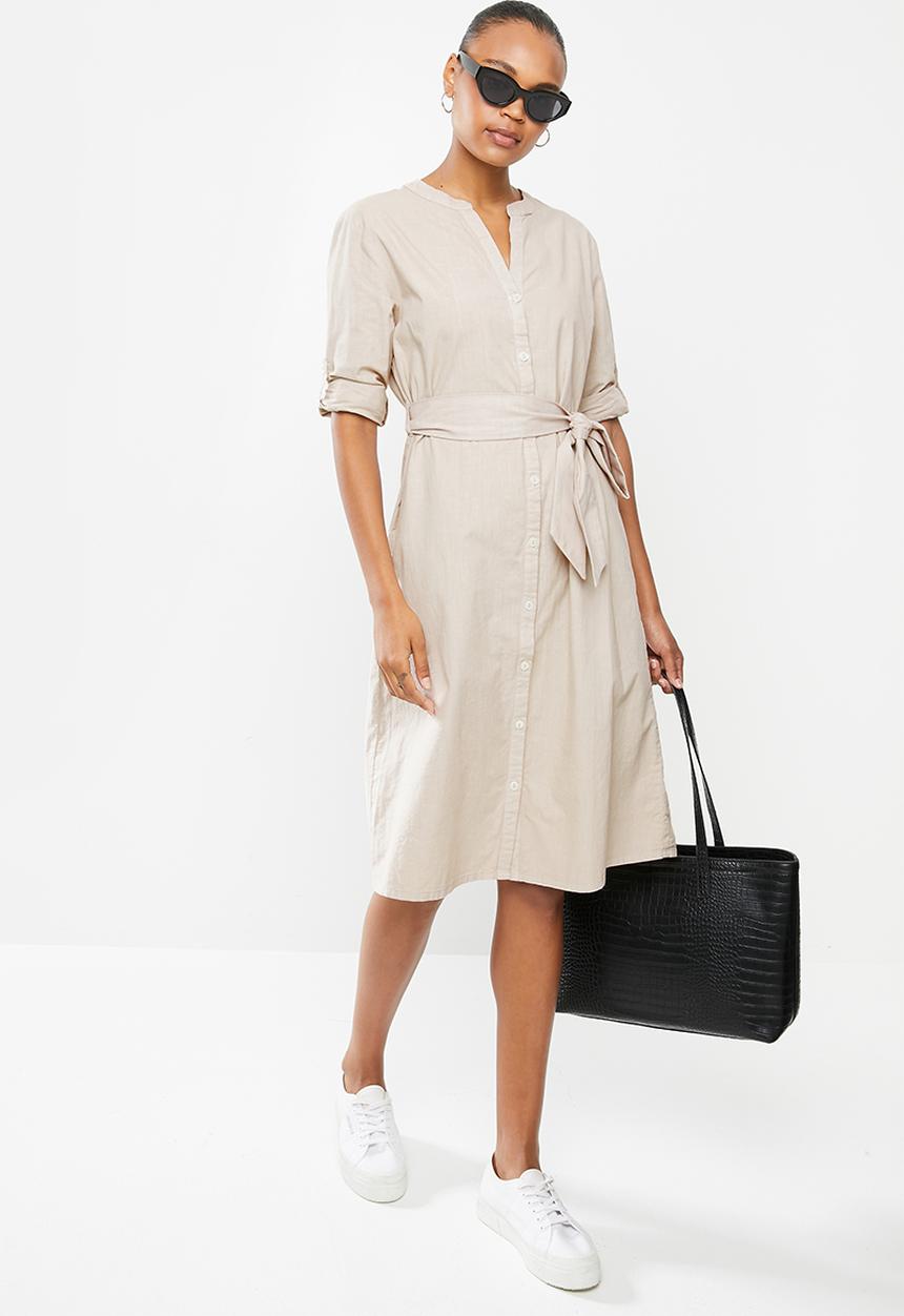 edit - Cotton mandarin collar shirt dress - stone