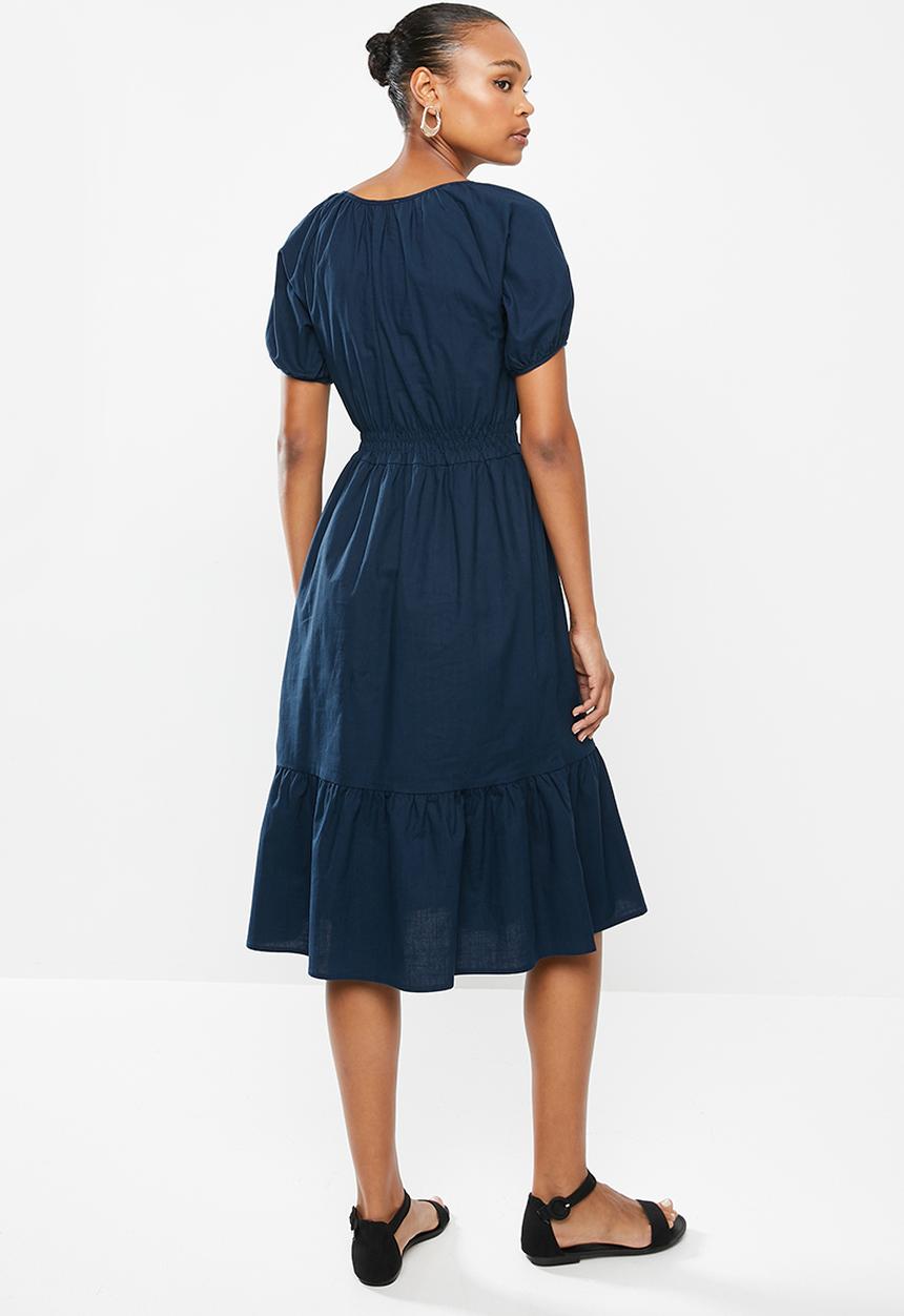 edit - Shirred waist cotton square midi dress - navy