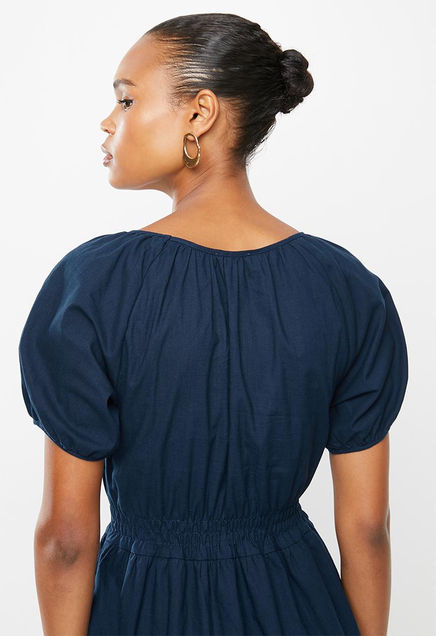 edit - Shirred waist cotton square midi dress - navy