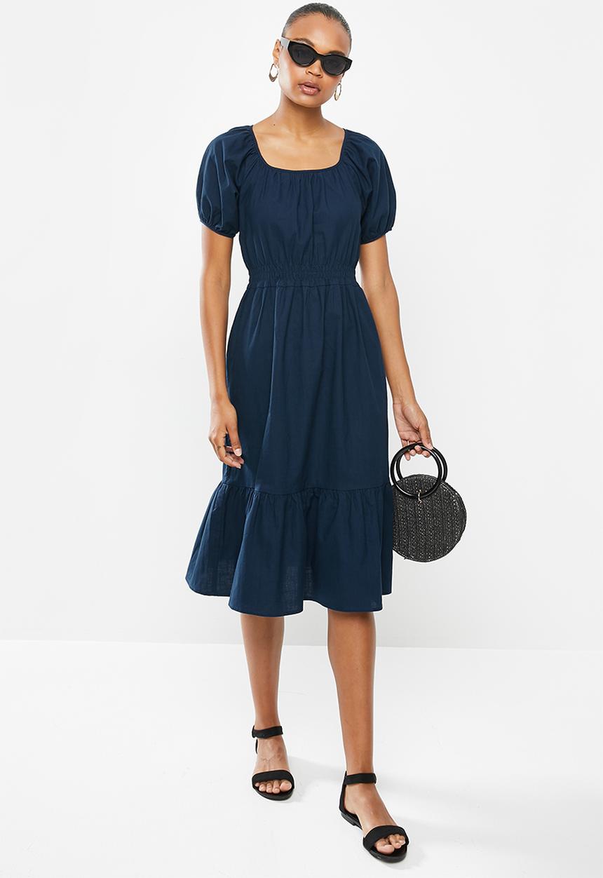 edit - Shirred waist cotton square midi dress - navy