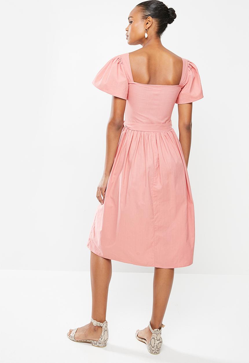 edit - Cotton smocked flutter sleeve midi dress - pink