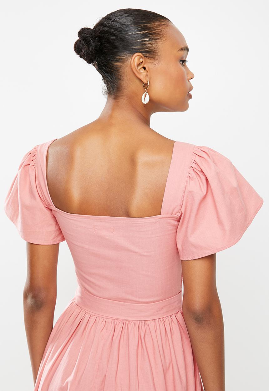 edit - Cotton smocked flutter sleeve midi dress - pink