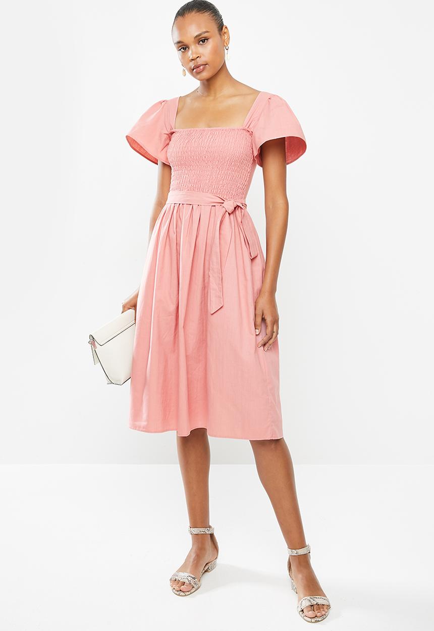 edit - Cotton smocked flutter sleeve midi dress - pink