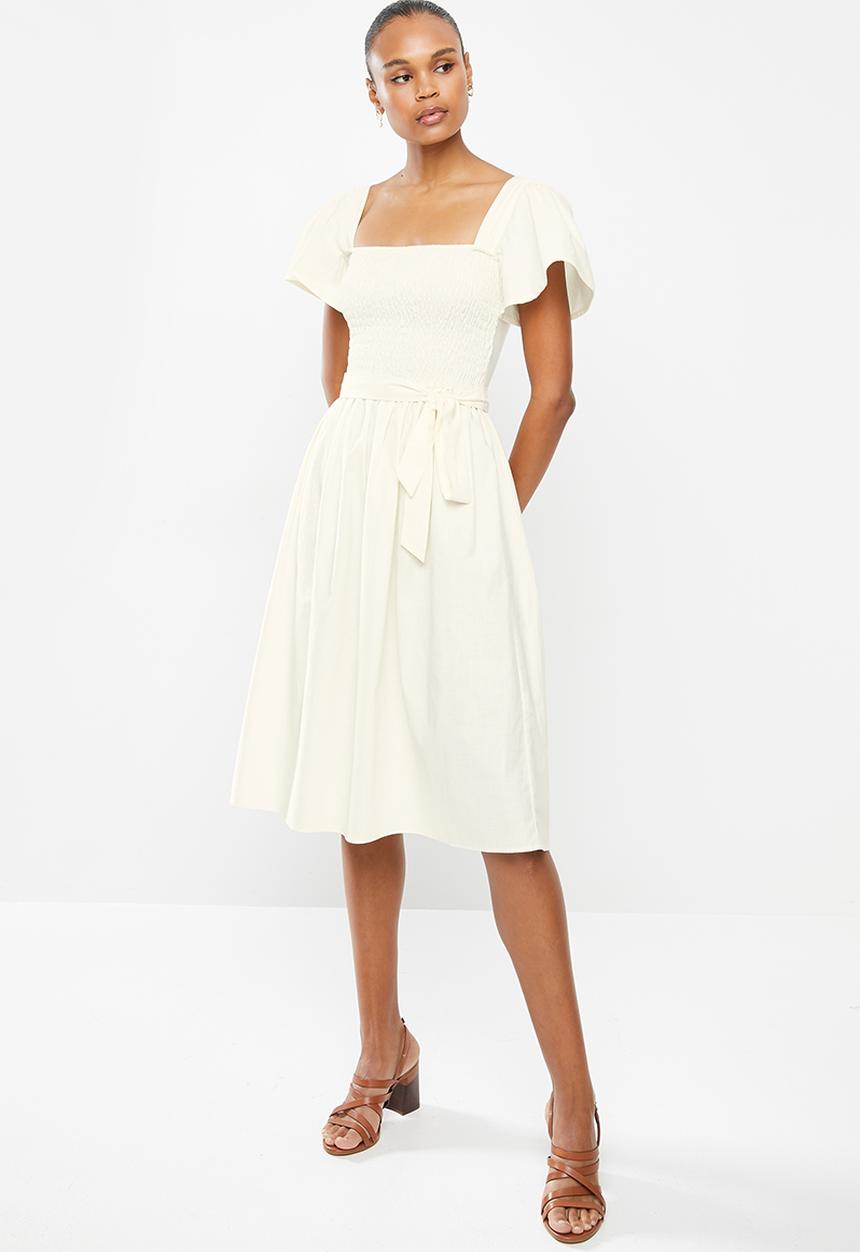 edit - Cotton smocked flutter sleeve midi dress - ecru