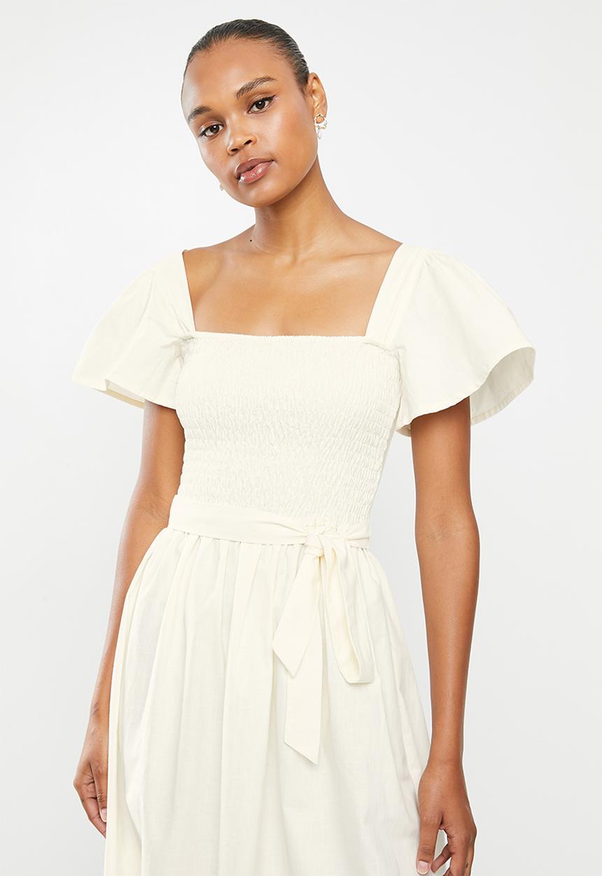 edit - Cotton smocked flutter sleeve midi dress - ecru