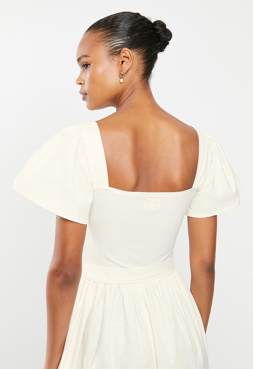 edit - Cotton smocked flutter sleeve midi dress - ecru