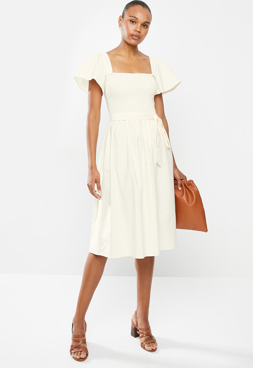 edit - Cotton smocked flutter sleeve midi dress - ecru