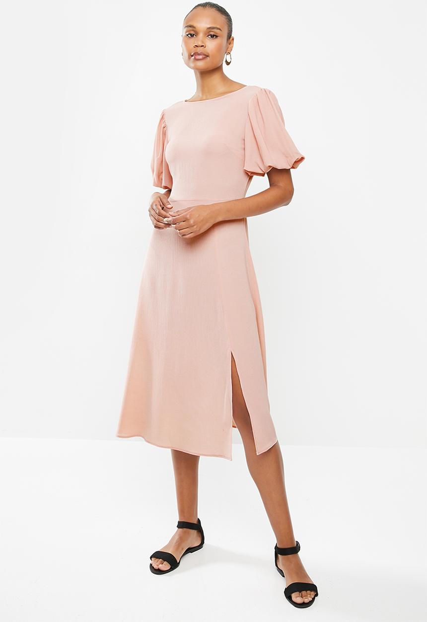 edit - Bubble sleeve crepe slit midi dress - rose pink