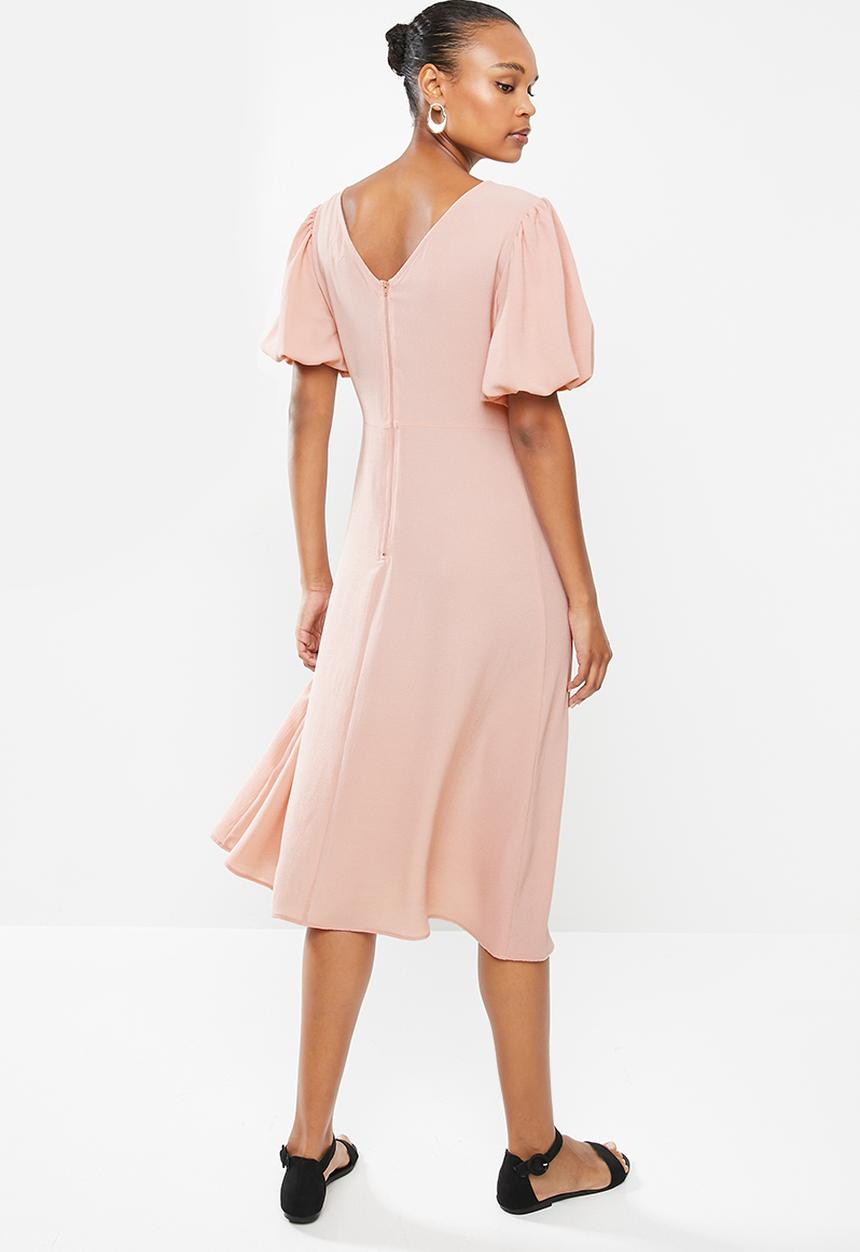 edit - Bubble sleeve crepe slit midi dress - rose pink