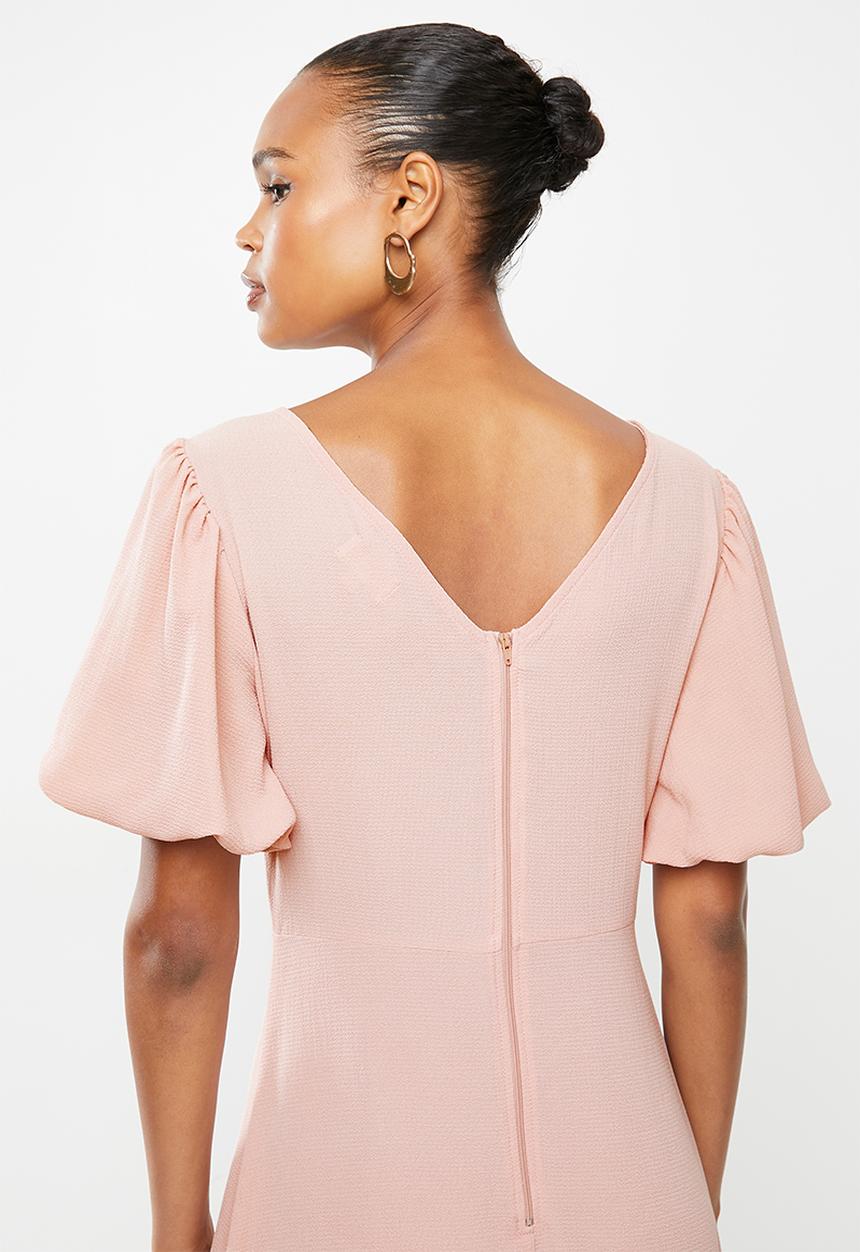 edit - Bubble sleeve crepe slit midi dress - rose pink