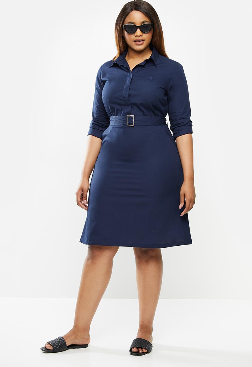 POLO - Plus Bree long sleeve shirt dress with belt - navy
