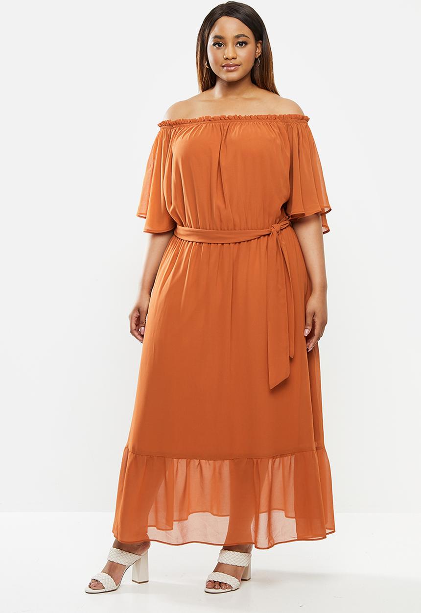 edit Plus - Chiffon tiered ots maxi - tobacco