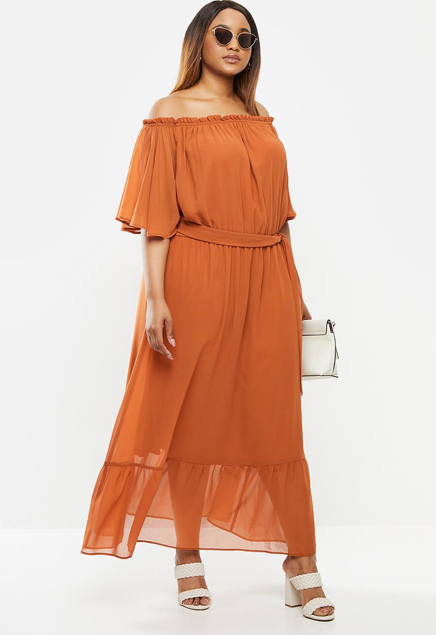 edit Plus - Chiffon tiered ots maxi - tobacco
