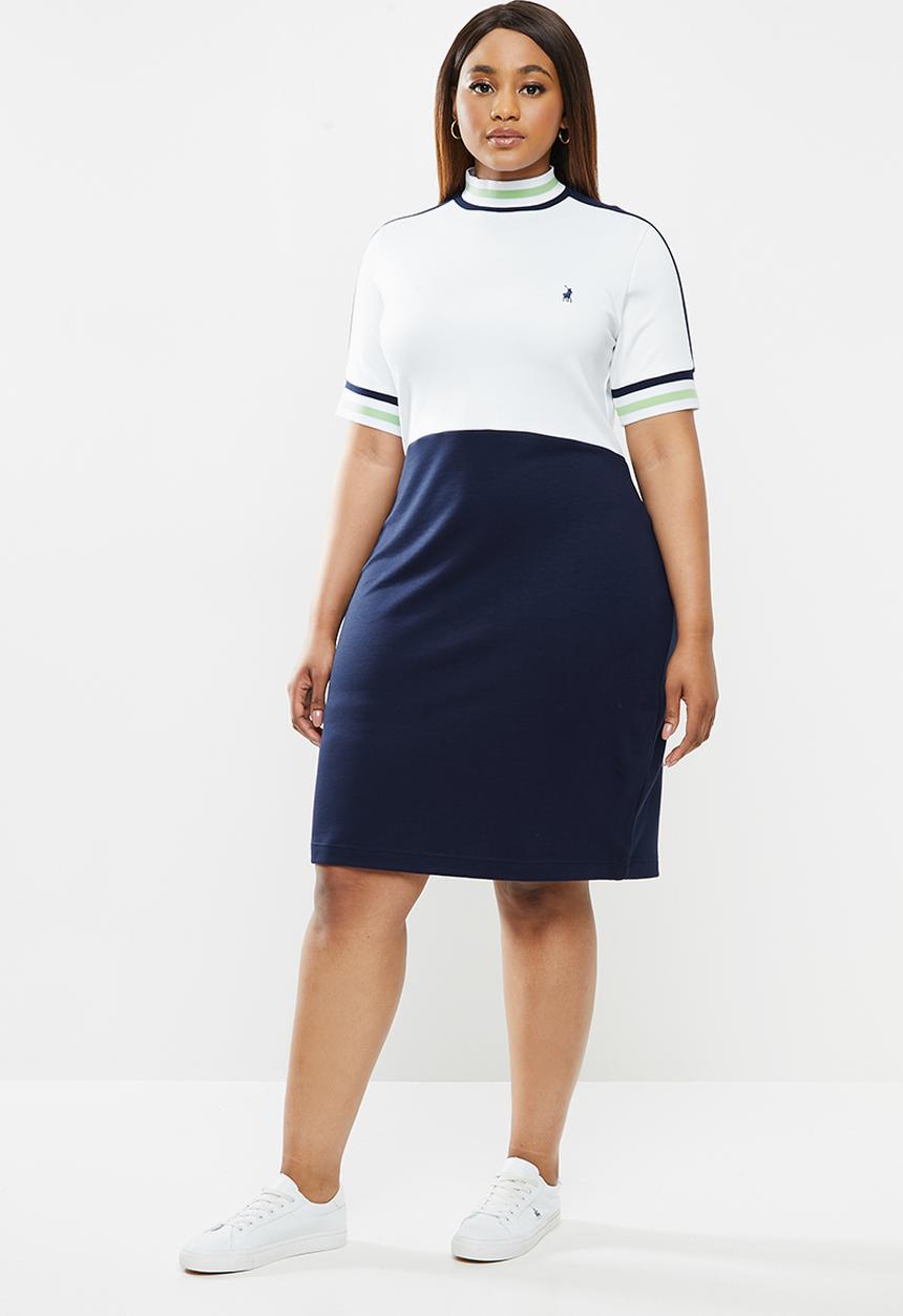 POLO - Plus Buhle short sleeve high neck sport golfer dress - white & navy