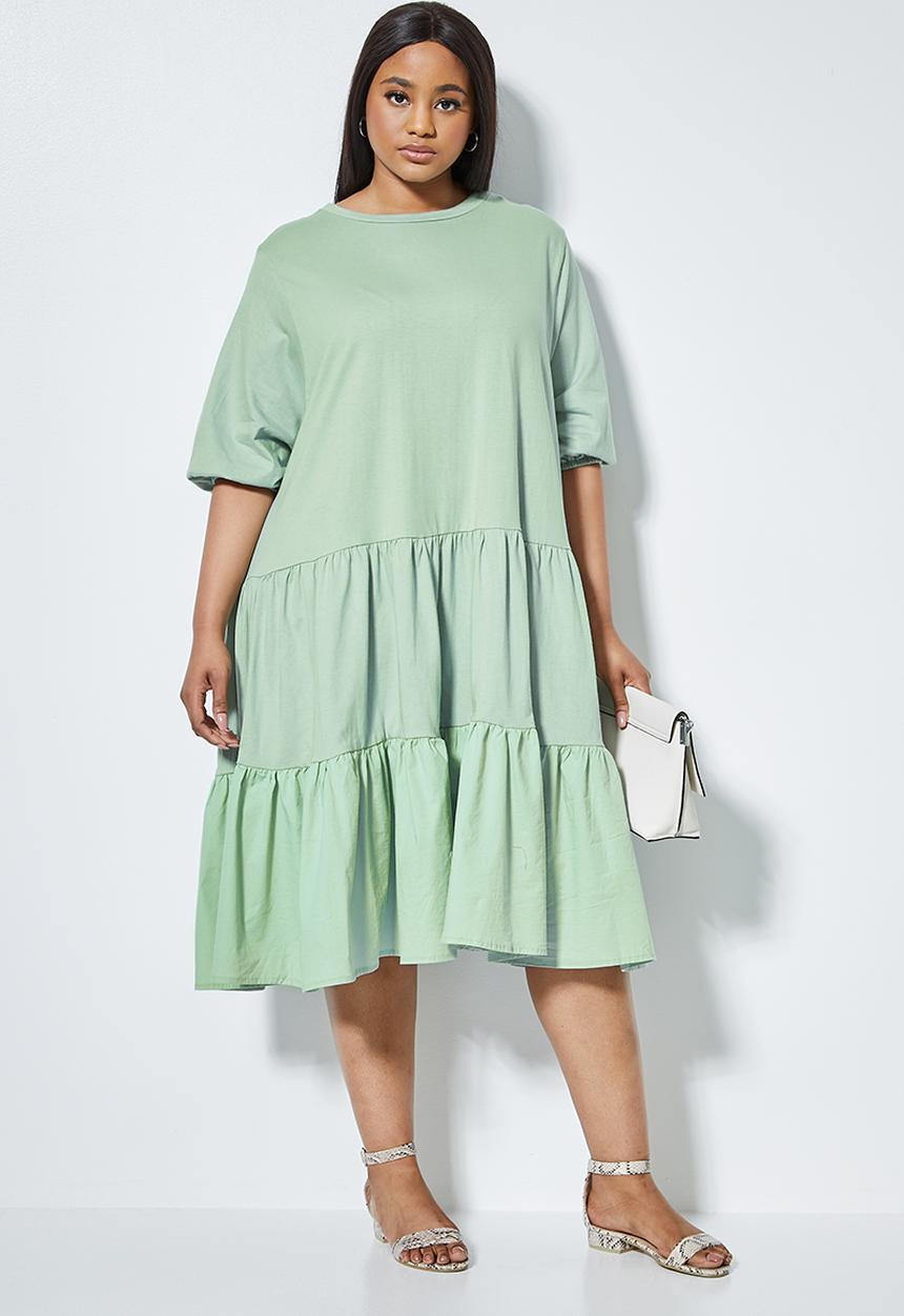 Superbalist - Combo fabric tiered dress - sage