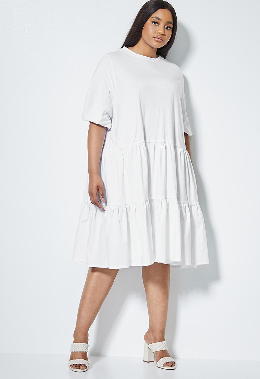 Superbalist - Combo fabric tiered dress - white