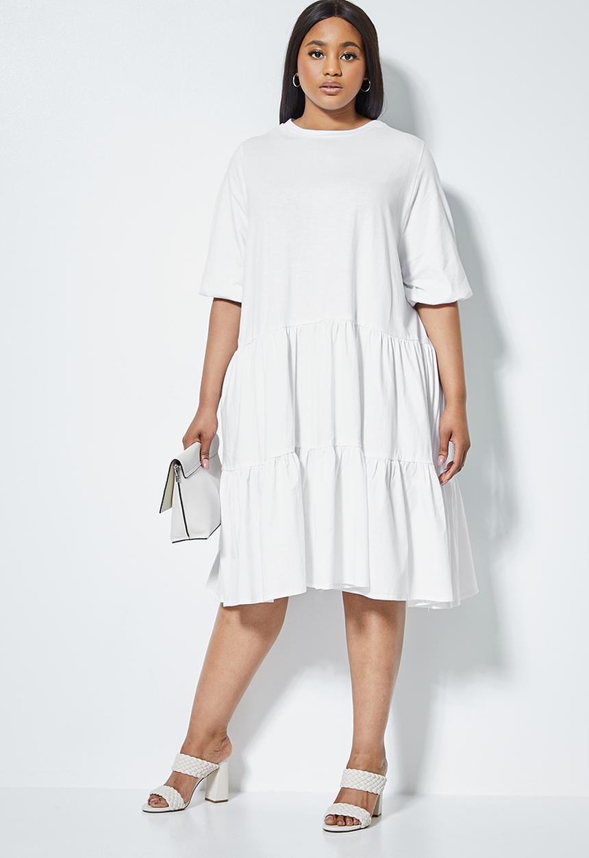 Superbalist - Combo fabric tiered dress - white