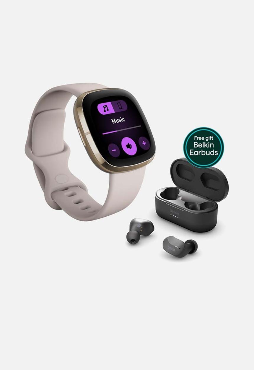 Fitbit - Fitbit sense lunar white + belkin earbuds bundle