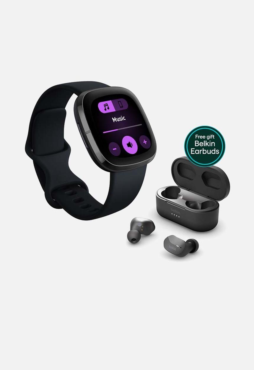 Fitbit - Fitbit sense black + belkin earbuds bundle