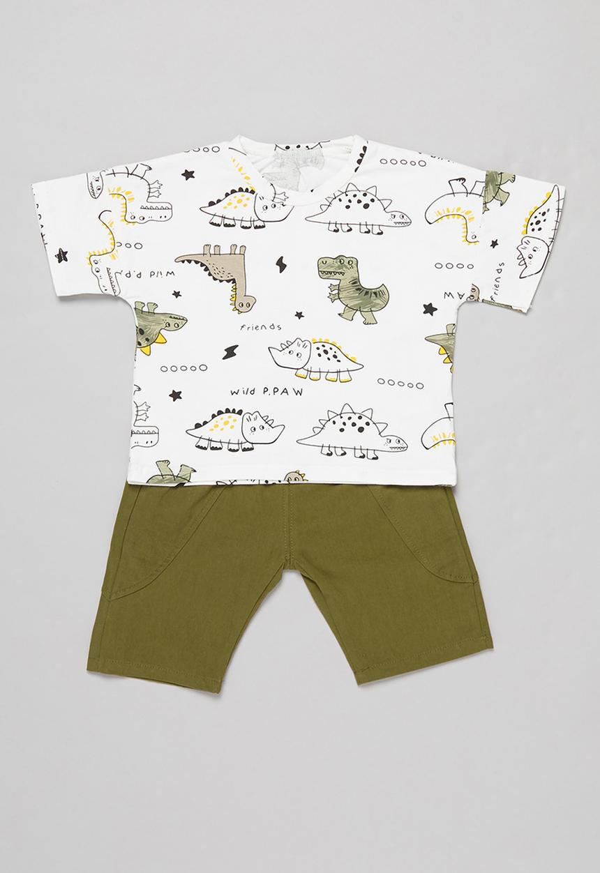 Pop Candy - Baby boys printed tee & shorts set - white & khaki 